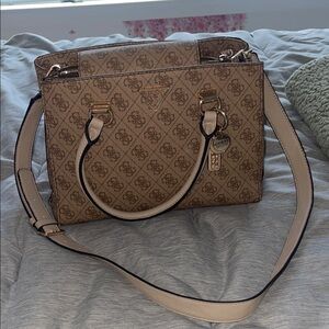 Guess Tan and Cream Monogram Satchel
